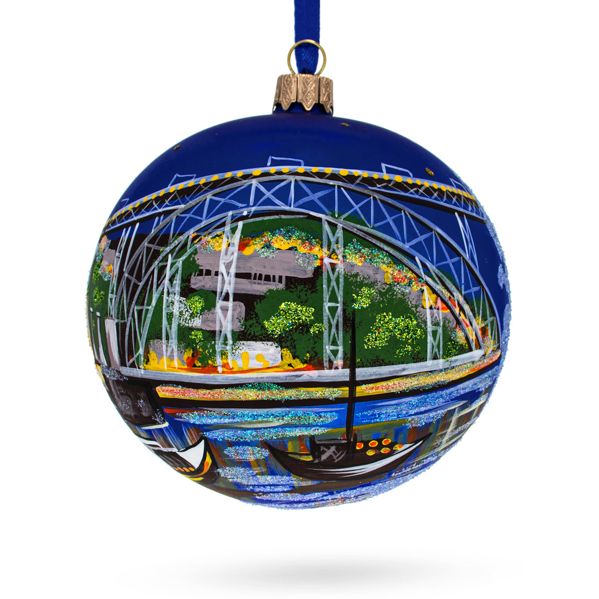 Dom Luis I Bridge, Porto, Portugal Glass Ball Christmas Ornament 4 Inches in Blue color, Round shape