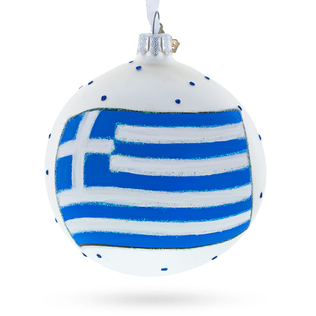 Grecian Glory: Flag of Greece Blown Glass Ball Christmas Ornament 4 Inches in Multi color, Round shape