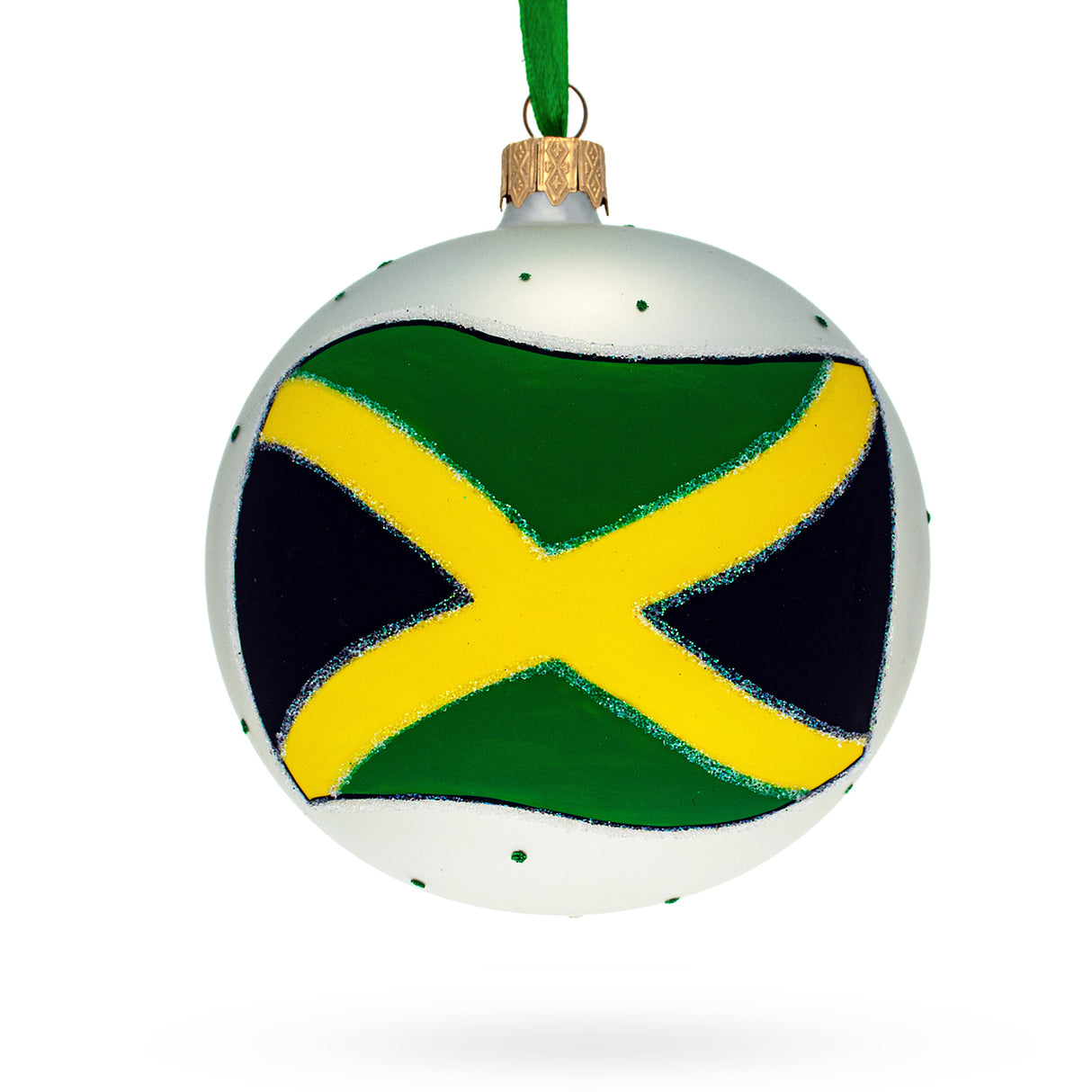 Caribbean Celebration: Flag of Jamaica Blown Glass Ball Christmas Ornament 4 Inches in Multi color, Round shape
