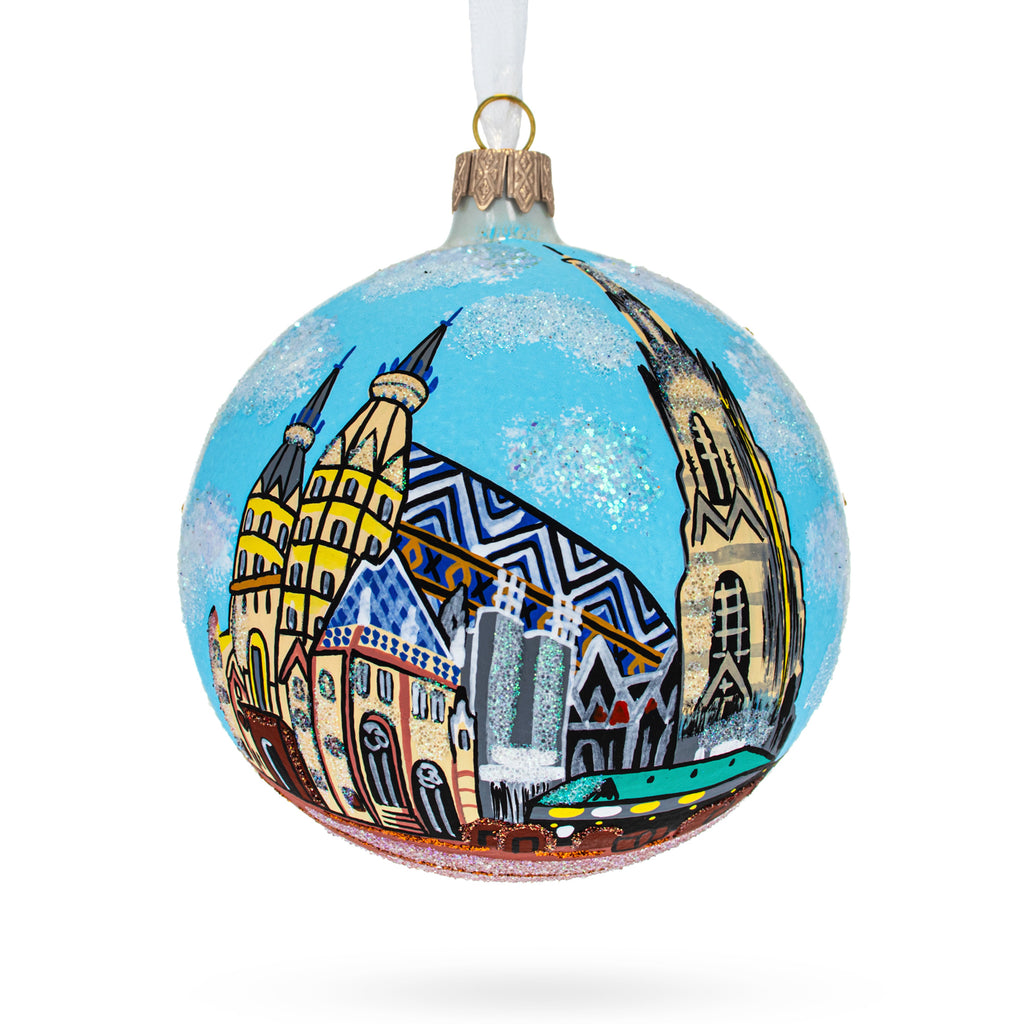 Glass St. Stephen's Cathedral, Vienna, Austria Glass Ball Christmas Ornament 4 Inches in Blue color Round