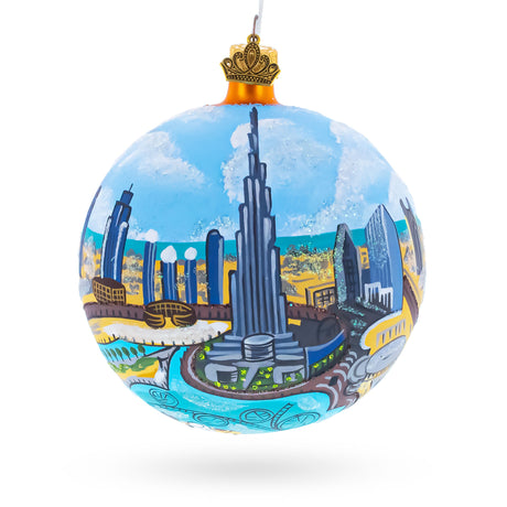 Burj Khalifa, Dubai, United Arab Emirates Glass Ball Christmas Ornament 4 Inches in Blue color Round