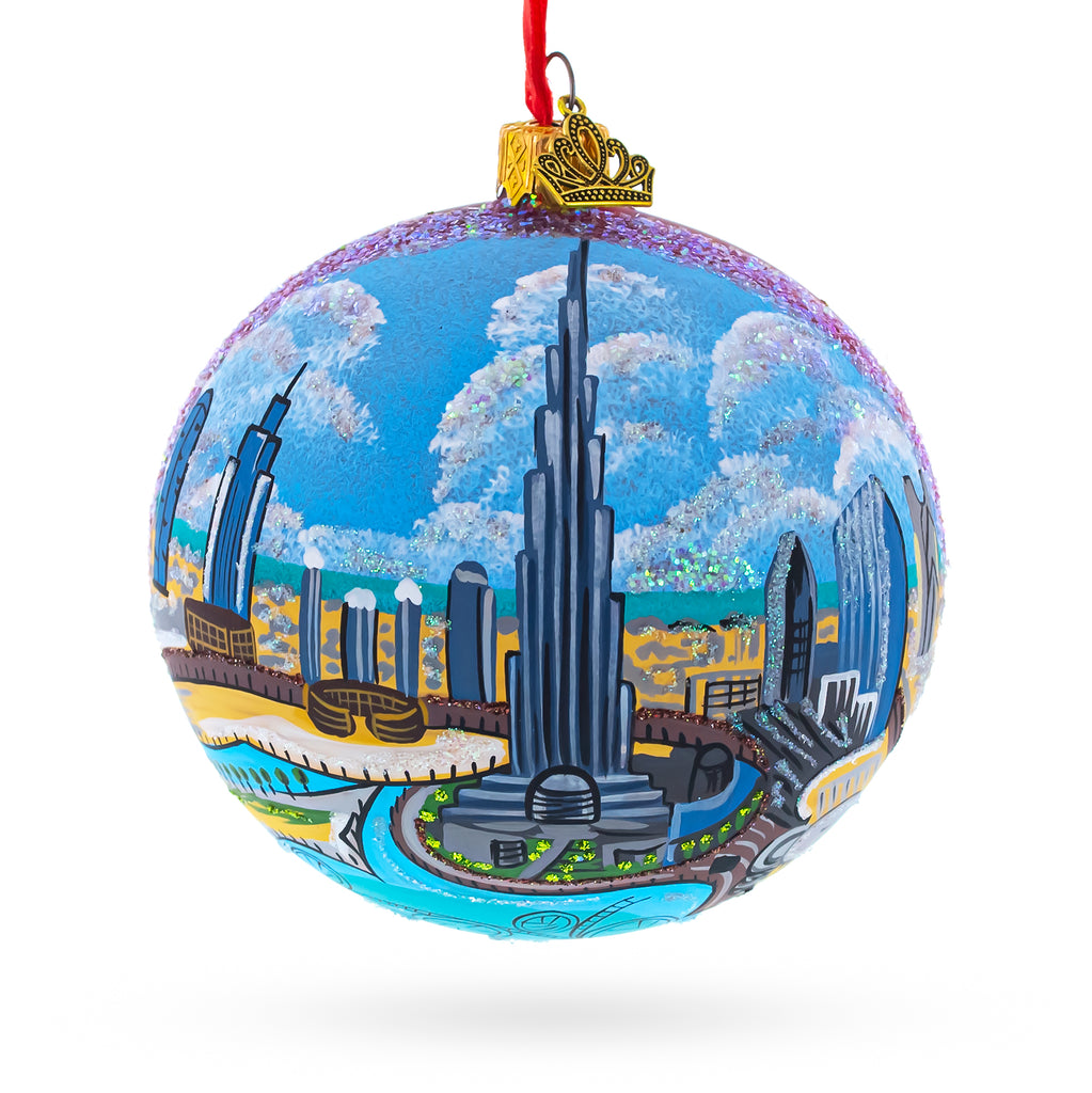 Glass Burj Khalifa, Dubai, United Arab Emirates Glass Ball Christmas Ornament 4 Inches in Blue color Round