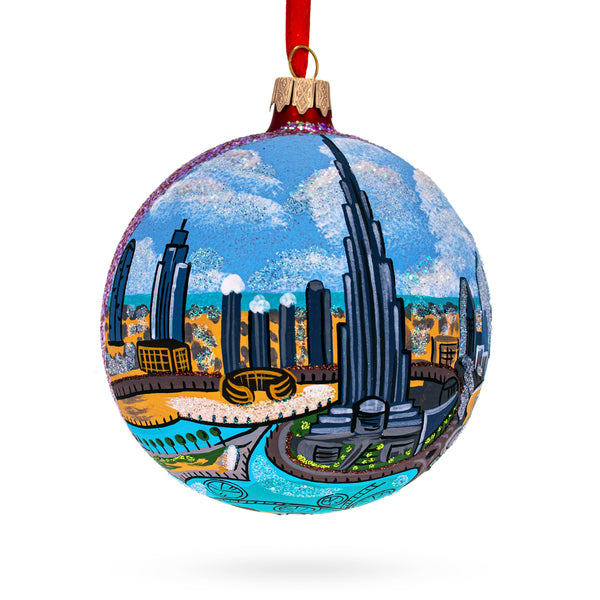 Burj Khalifa, Dubai, United Arab Emirates Glass Ball Christmas Ornament 4 Inches in Blue color, Round shape