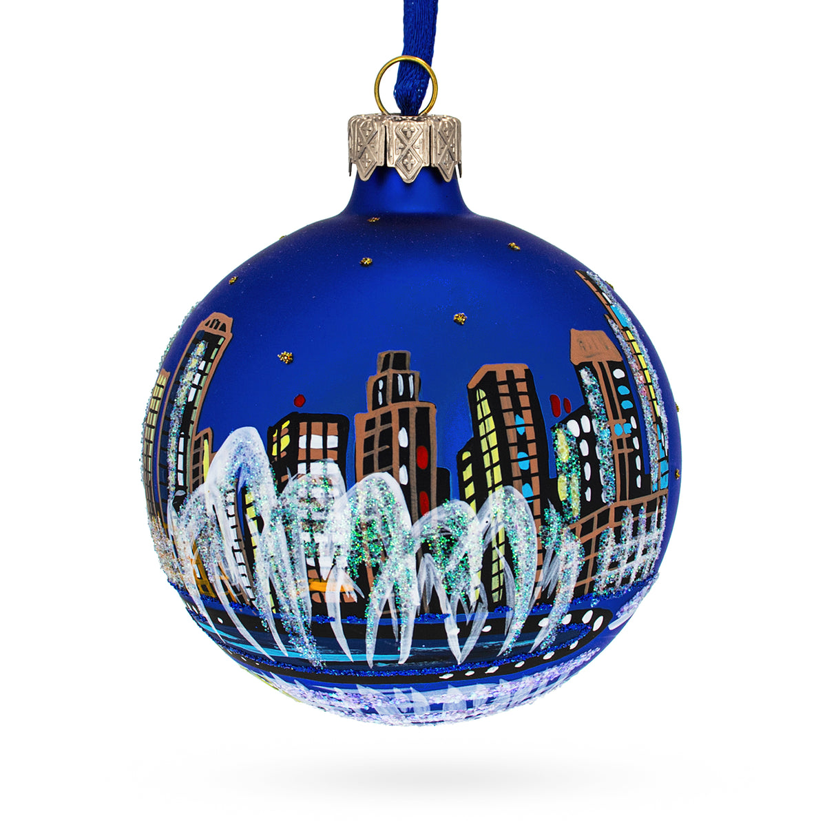 Glass The Dubai Fountain, United Arab Emirates Glass Ball Christmas Ornament 4 Inches in Multi color Round