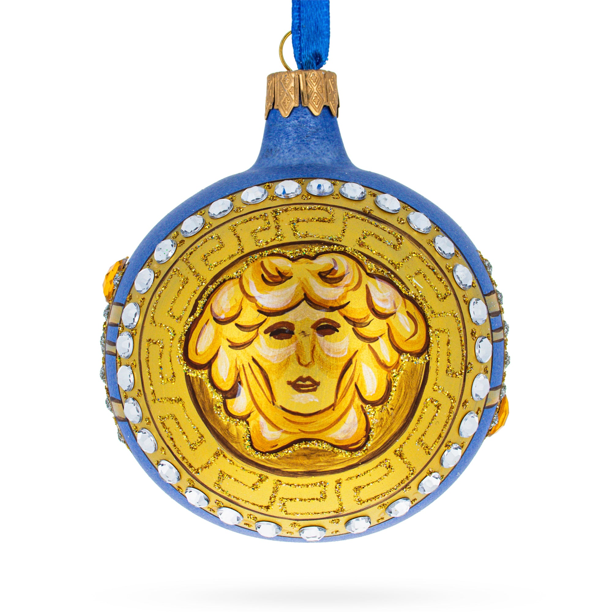 Italian Designer Medusa Medallion Glass Ball Christmas Ornament 3.25 Inches in Gold color Round