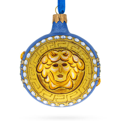 Italian Designer Medusa Medallion Glass Ball Christmas Ornament 3.25 Inches in Gold color Round