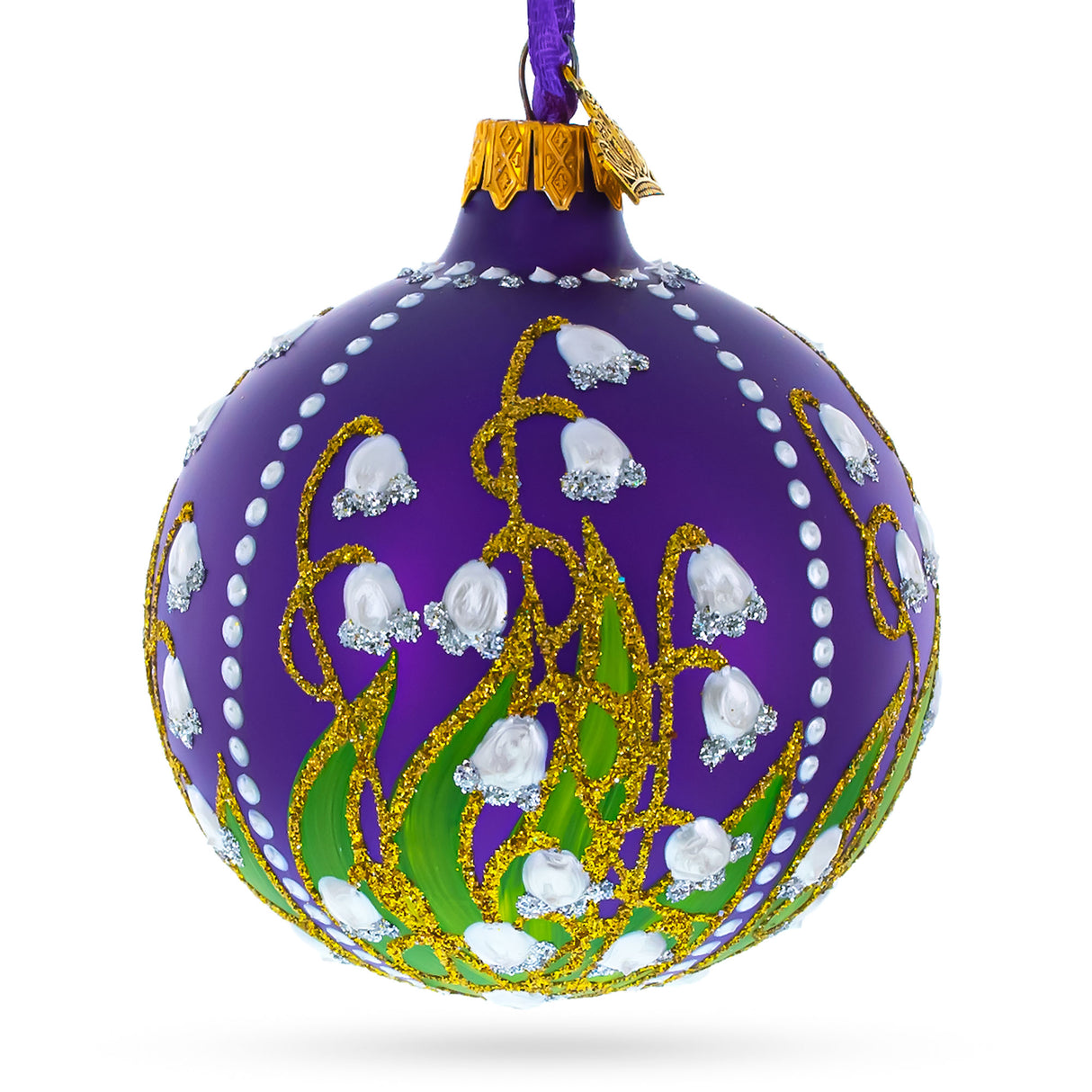 Glass Graceful Bloom: Lilies of the Valley on Purple Royal Blown Glass Ball Christmas Ornament 3.25 Inches in Purple color Round