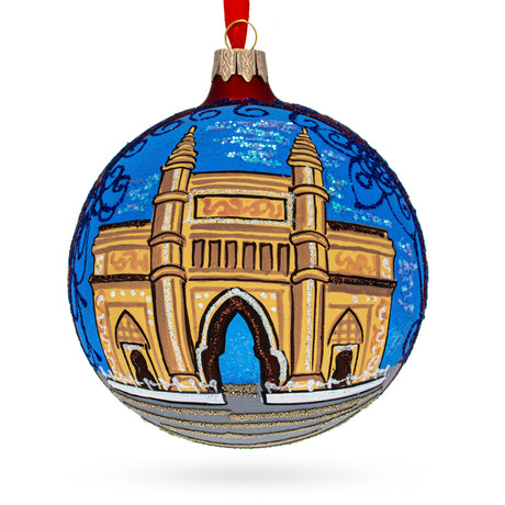 Gateway of India, Mumbai Glass Ball Christmas Ornament 4 Inches in Blue color Round