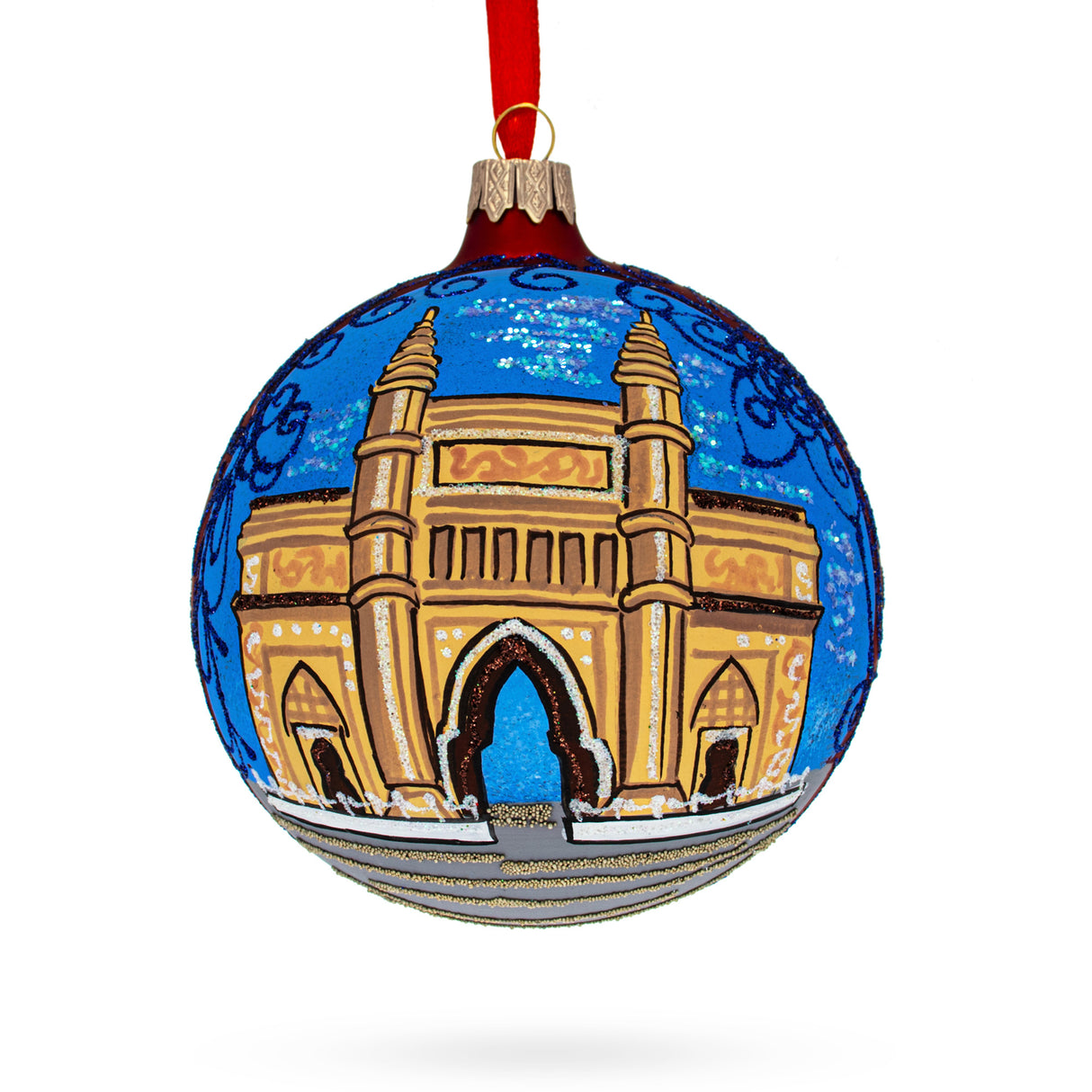 Glass Gateway of India, Mumbai Glass Ball Christmas Ornament 4 Inches in Blue color Round