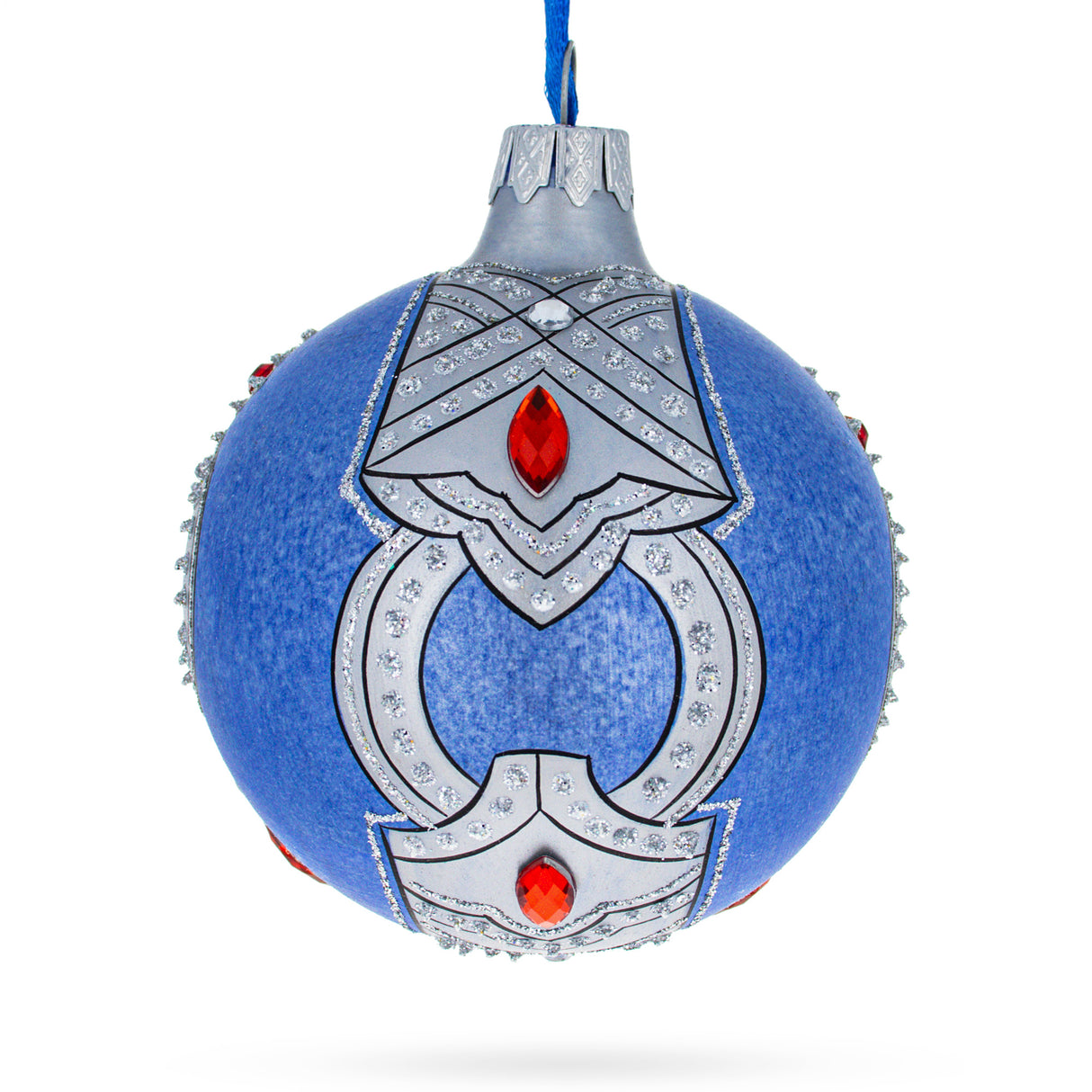 Chic Elegance: French Designer Luxury Ring Blown Glass Ball Christmas Ornament 3.25 Inches in Blue color, Round shape