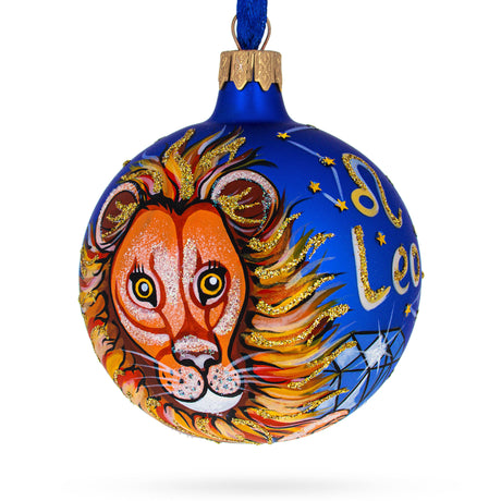 Leo Zodiac Sign Blue Glass Ball Christmas Ornament 3.25 Inches in Blue color Round
