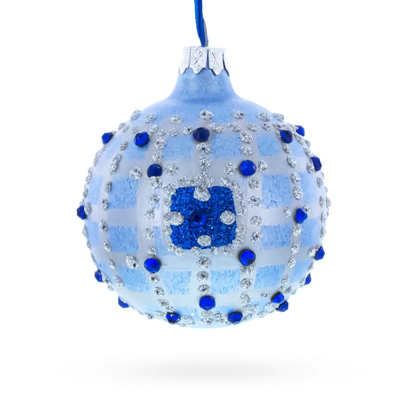 Blue Jewels and Check Pattern Necklace Design Glass Ball Christmas Ornament 3.25 Inches in Blue color Round