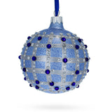 Parisian Elegance: Blue Jewels and Check Pattern Necklace Design Glass Ball Christmas Ornament 3.25 Inches in Blue color, Round shape