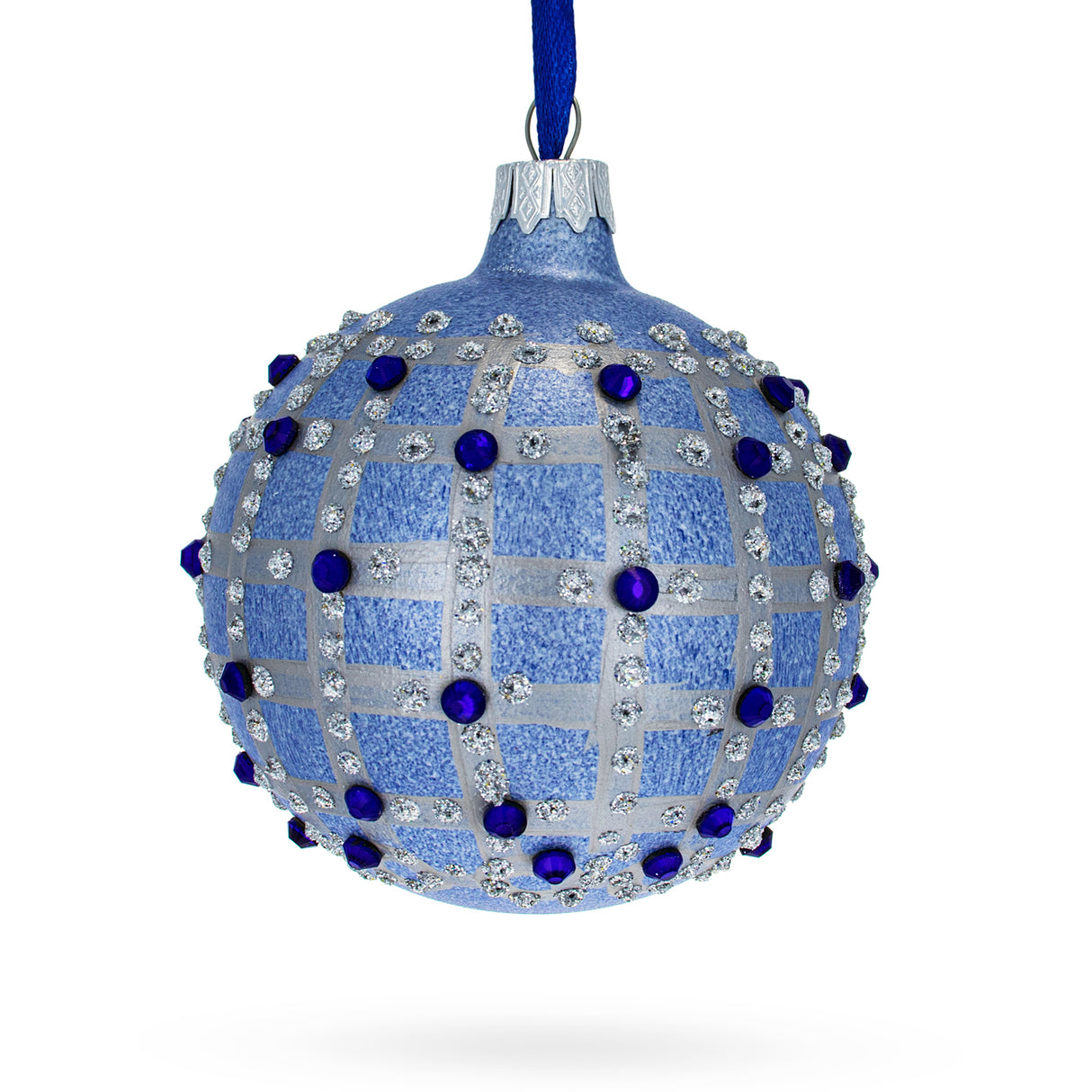 Glass Parisian Elegance: Blue Jewels and Check Pattern Necklace Design Glass Ball Christmas Ornament 3.25 Inches in Blue color Round