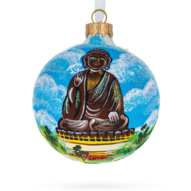Tian Tan Buddha (Big Buddha), Hong Kong Glass Ball Christmas Ornament 3.25 Inches in Multi color, Round shape