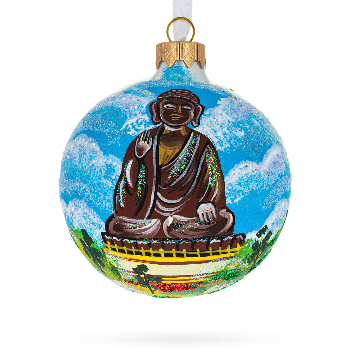Glass Tian Tan Buddha (Big Buddha), Hong Kong Glass Ball Christmas Ornament 3.25 Inches in Multi color Round