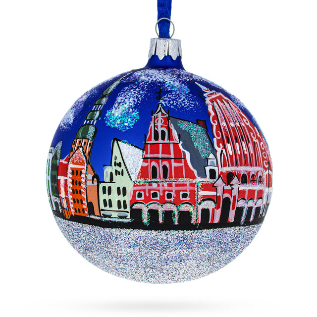 Glass Old City Riga (Vecriga), Riga, Latvia Glass Ball Christmas Ornament 4 Inches in Multi color Round