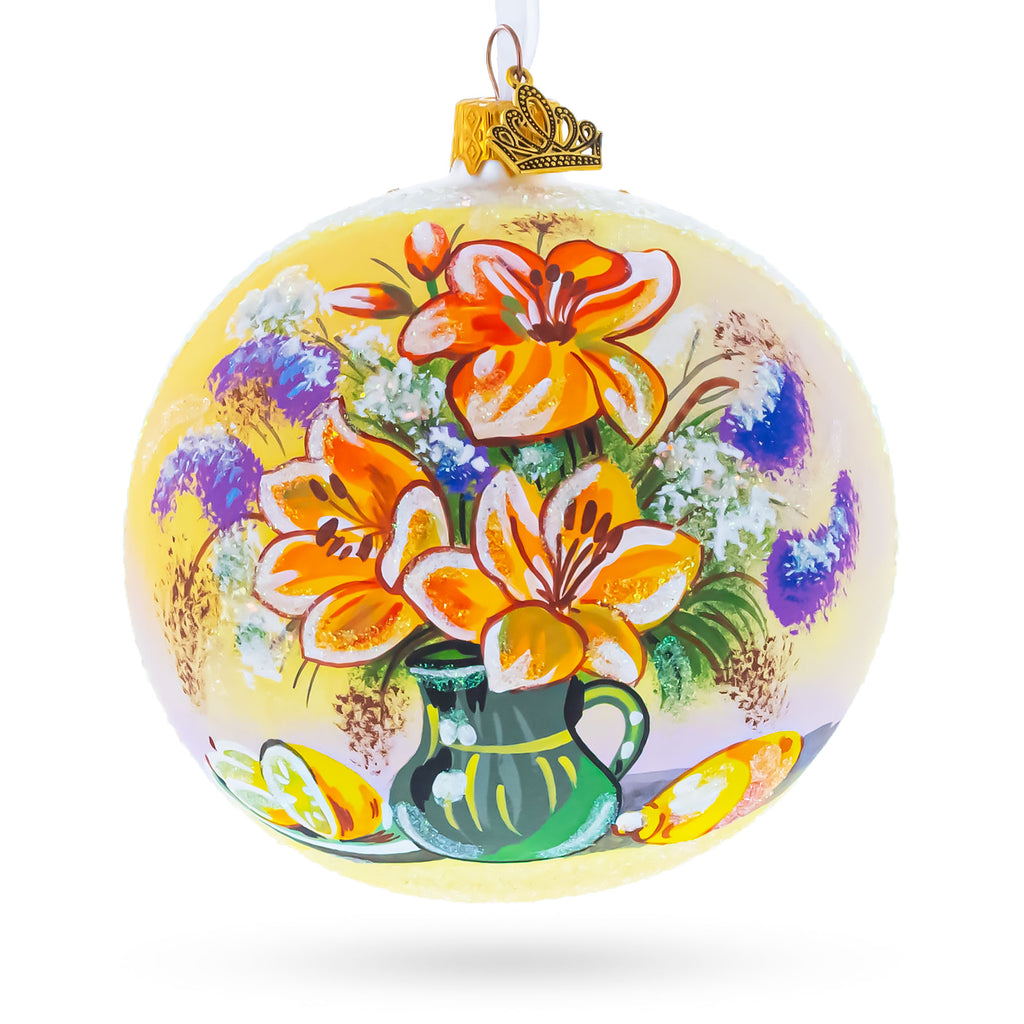 Floral Vase Masterpiece Glass Ball Christmas Ornament 4 Inches in Multi color Round