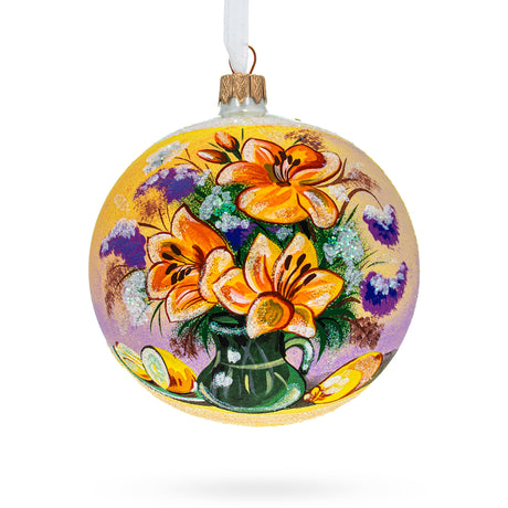 Glass Floral Vase Masterpiece Blown Glass Ball Christmas Ornament 4 Inches in Multi color Round