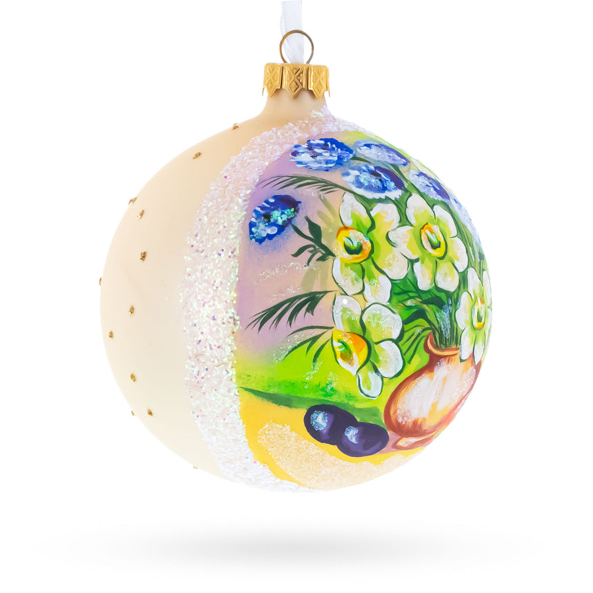 Floral Vase with Apples Masterpiece Glass Ball Christmas Ornament 4 InchesUkraine , dimensions in inches: 4 x 4 x 4