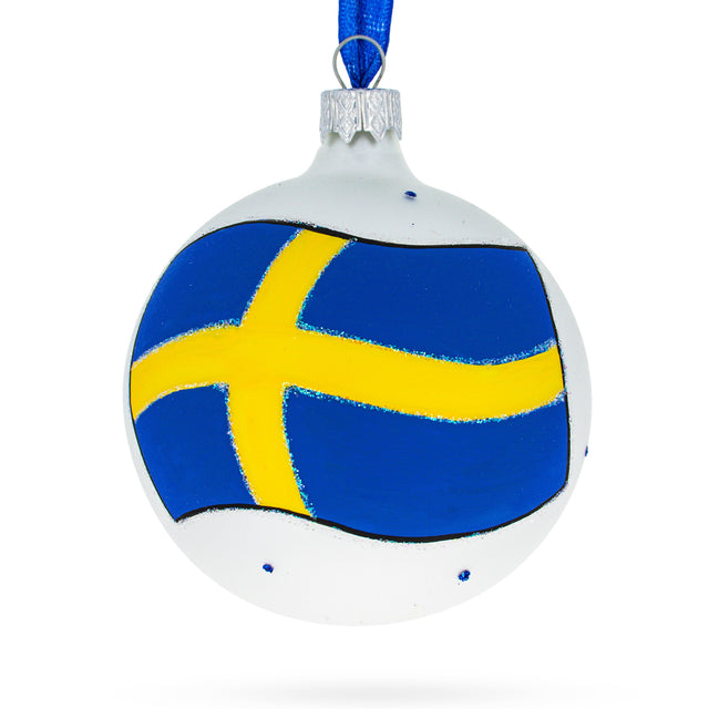 Flag of Sweden Blown Glass Ball Christmas Ornament 3.25 Inches in Multi color, Round shape