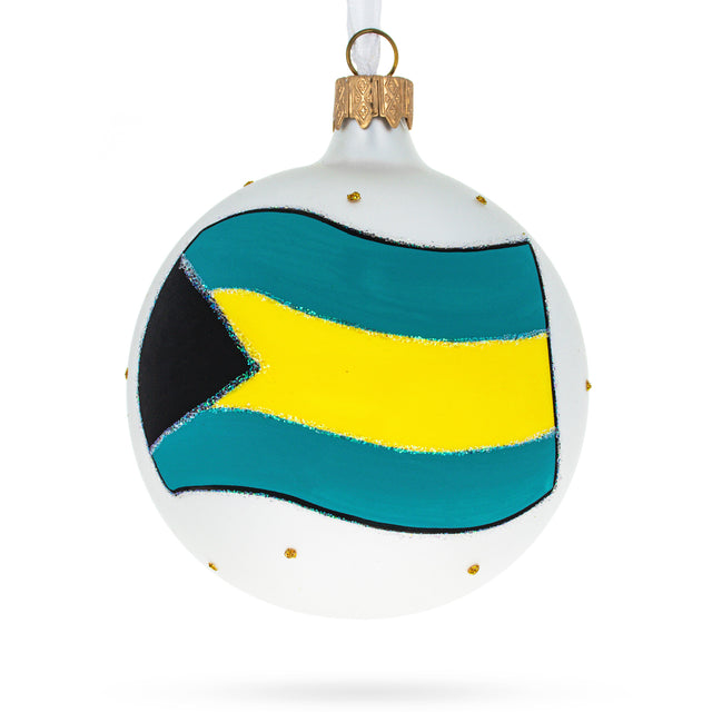 Island Vibes: Flag of Bahamas Blown Glass Ball Christmas Ornament 3.25 Inches in Multi color, Round shape