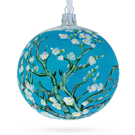 Impressionist Masterpiece: 1890 'Branches with Almond Blossom' by Vincent Van Gogh Blown Glass Ball Christmas Ornament 4 Inches in Blue color, Round shape