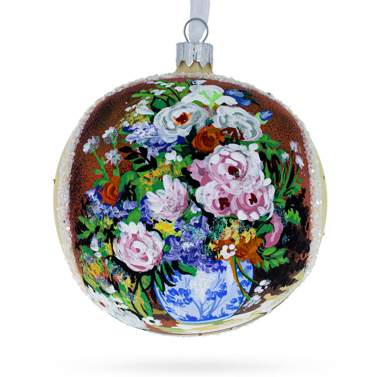 Impressionist Masterpiece: 1866 'Spring Bouquet' by Pierre Auguste Renoir Blown Glass Ball Christmas Ornament 4 Inches in Multi color, Round shape