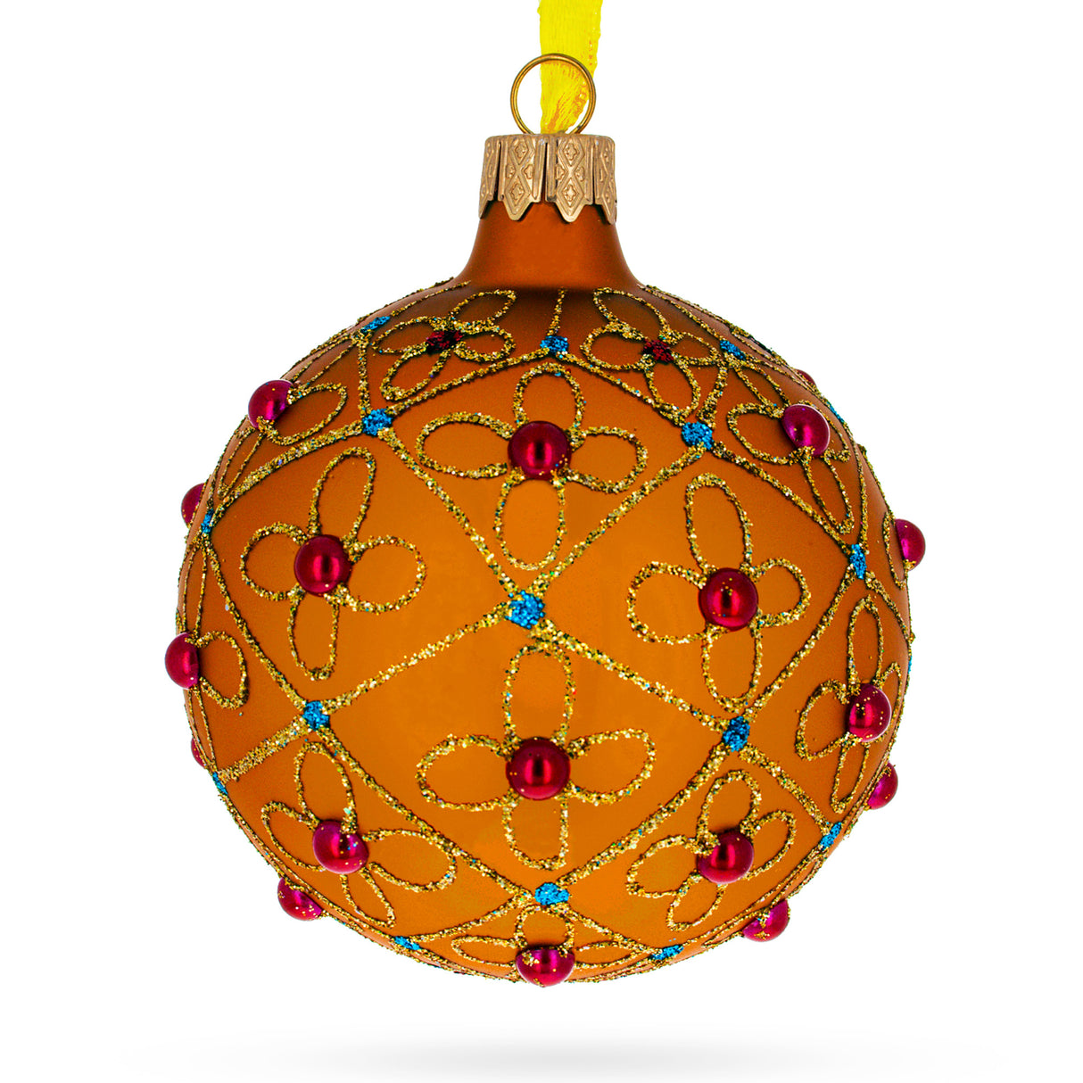 Luxurious Design: Jeweled Crosses on Gold Blown Glass Ball Christmas Ornament 3.25 Inches in Orange color, Round shape