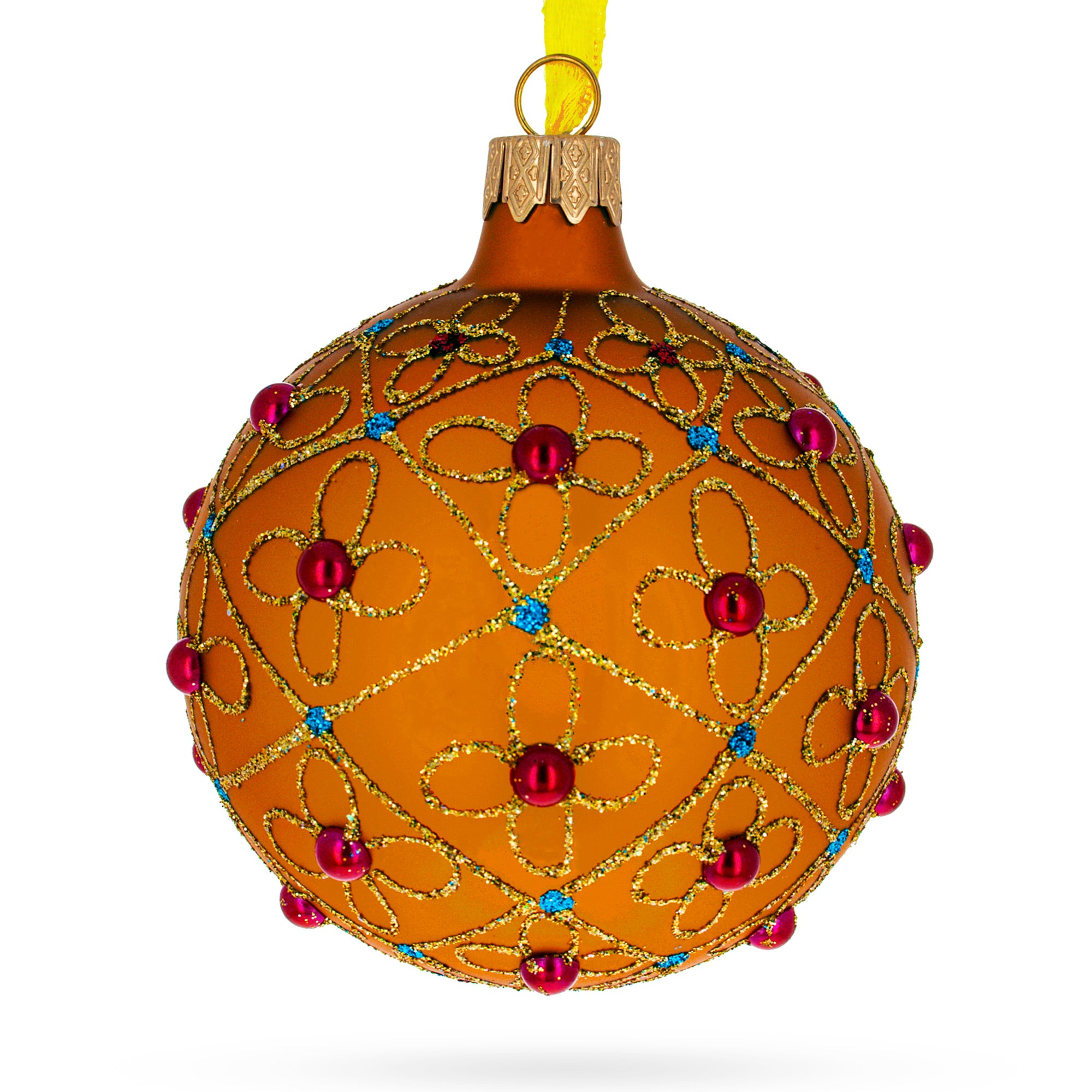 Jeweled Crosses on Gold Glass Ball Christmas Ornament 3.25 Inches in Orange color Round