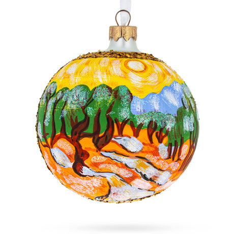 1889 'Olive Trees with Yellow Sky and Sun' by Vincent Van Gogh Blown Glass Ball Christmas Ornament 4 Inches in Multi color, Round shape
