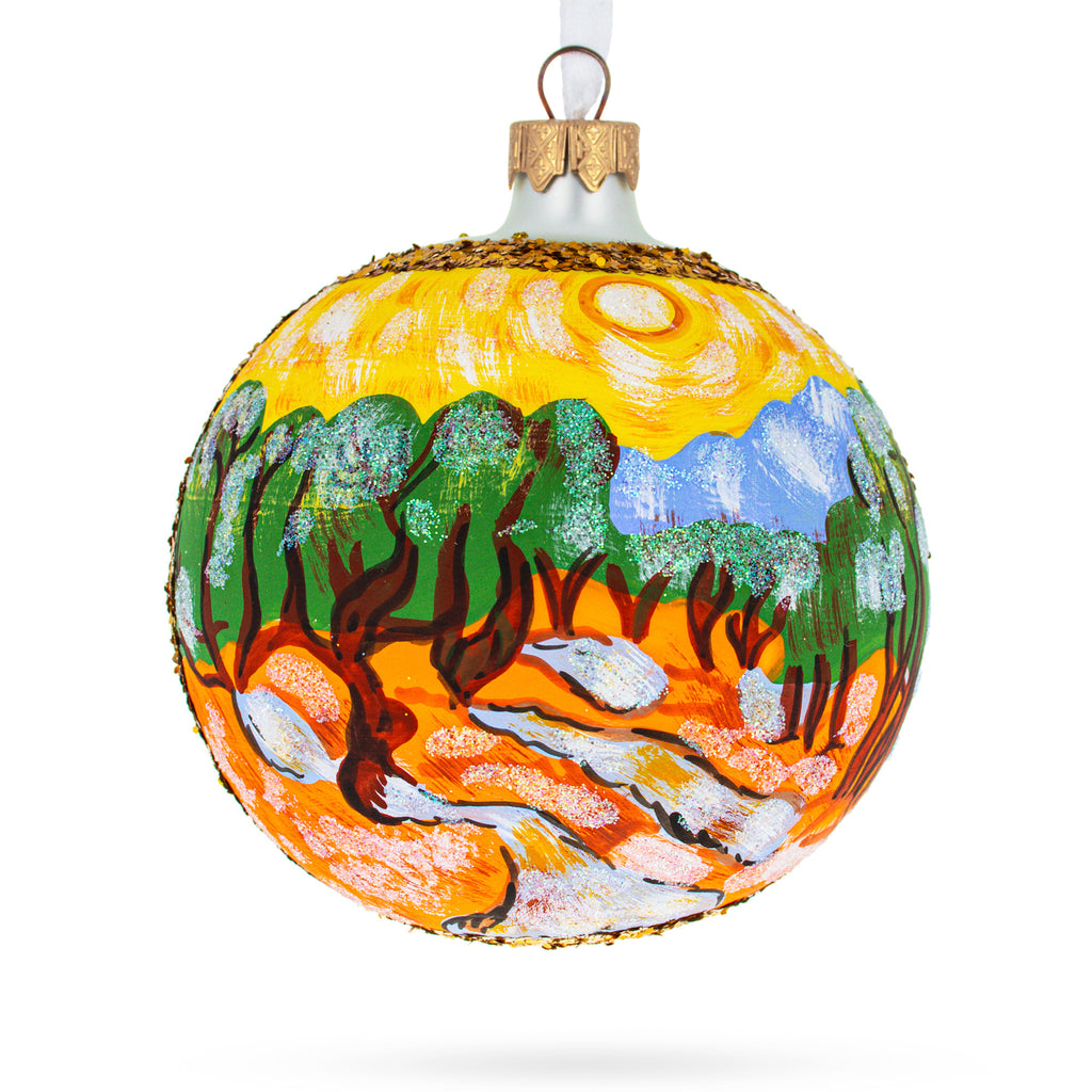 1889 'Olive Trees with Yellow Sky and Sun' by Van Gogh Glass Ball Christmas Ornament 4 Inches in Multi color Round