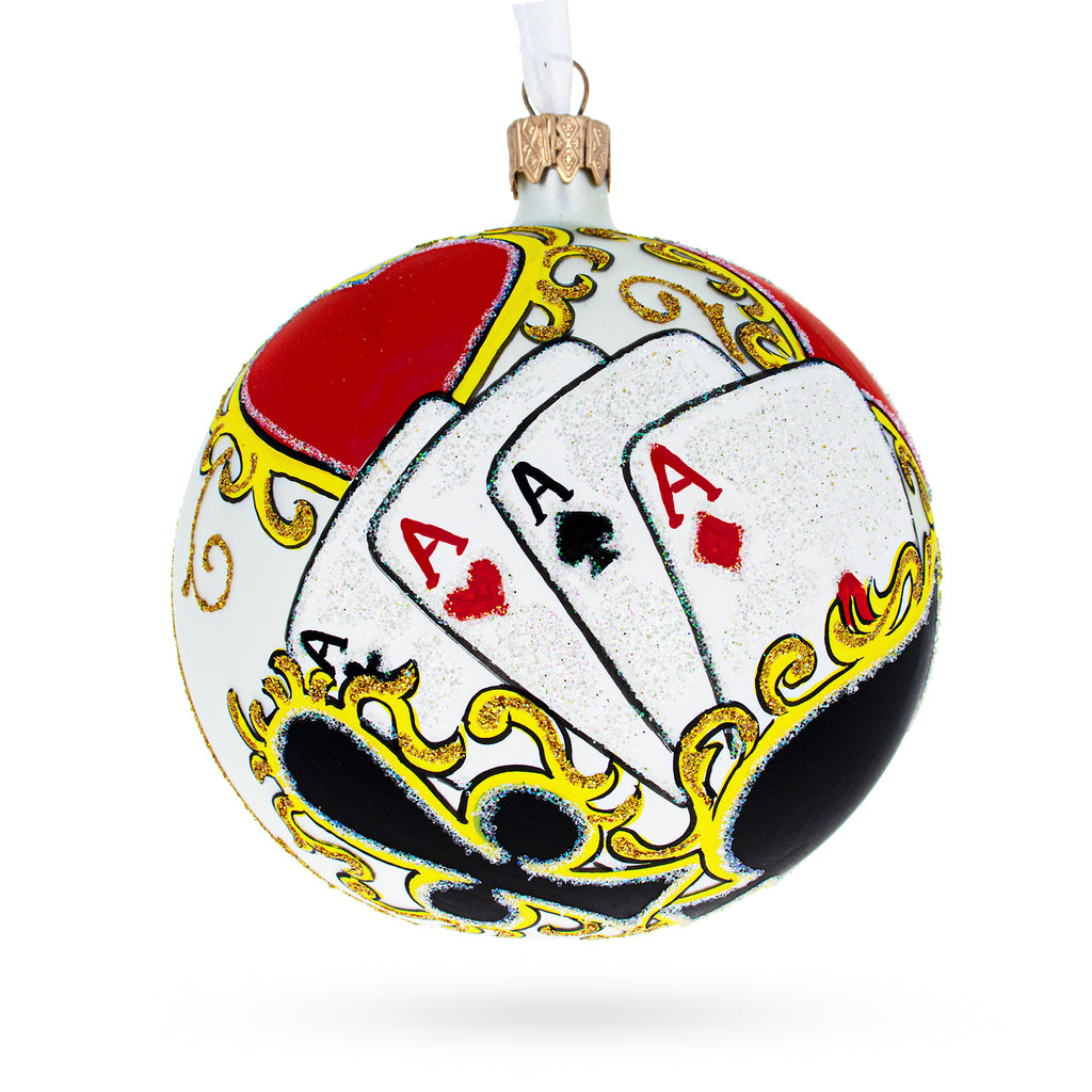 Glass High Stakes Gamble: Playing Cards and Casino Chips Blown Glass Ball Christmas Ornament 4 Inches in Multi color Round
