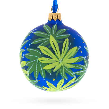 Botanical Cannabis Glass Ball Christmas Ornament 3.25 Inches in Green color Round
