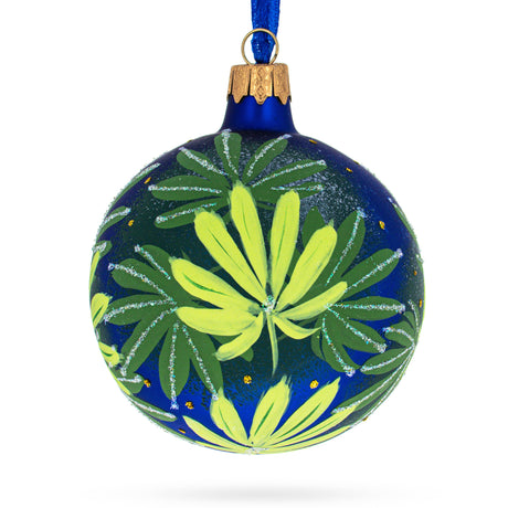 Botanical Cannabis Glass Ball Christmas Ornament 3.25 Inches in Green color, Round shape