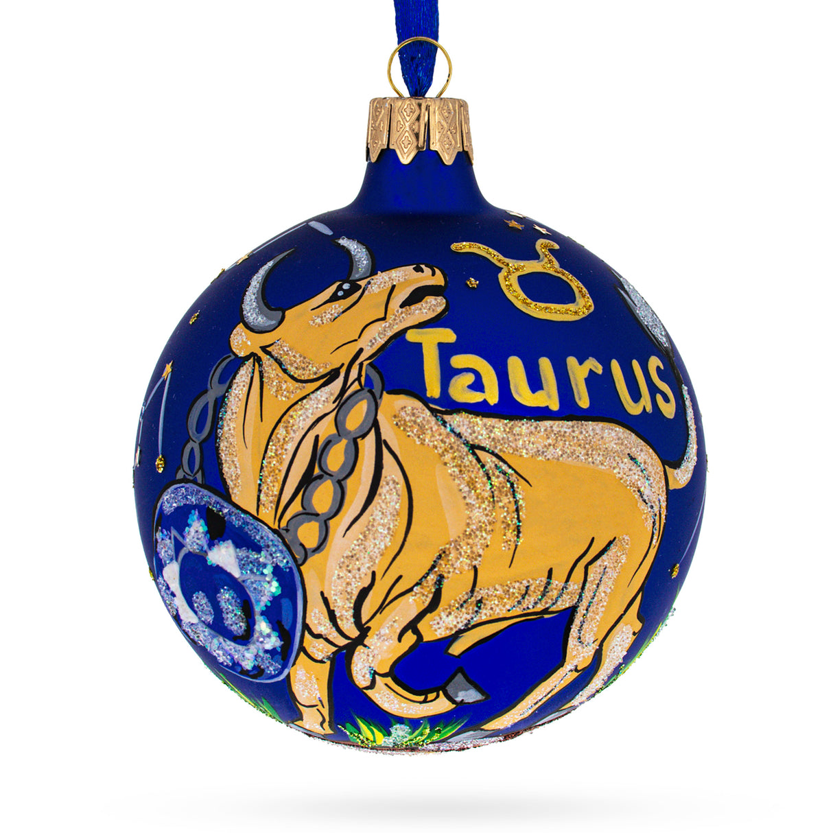 Glass Starry Night Taurus: Zodiac Horoscope Sign Blown Glass Ball Christmas Ornament 3.25 Inches in Blue color Round