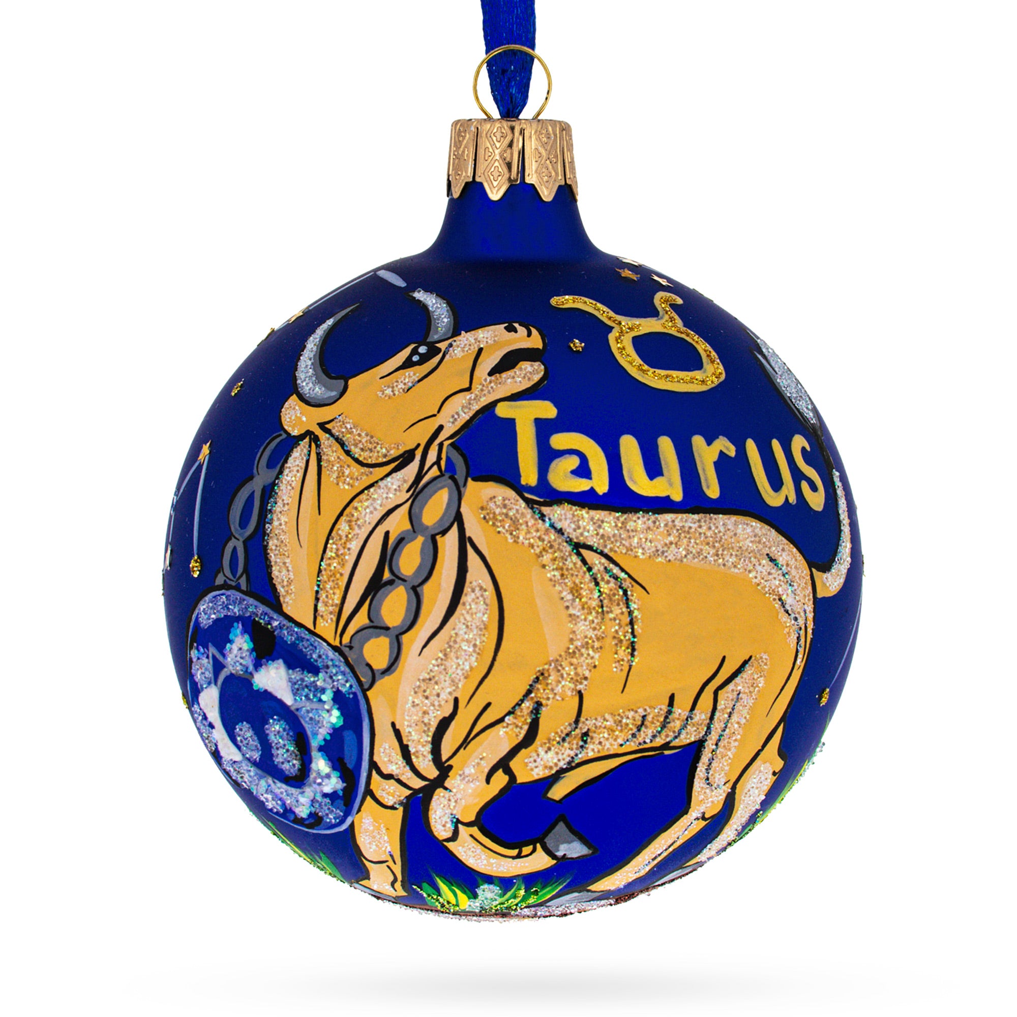 Taurus Zodiac Horoscope Sign Glass Ball Christmas Ornament 3.25 Inches in Blue color Round