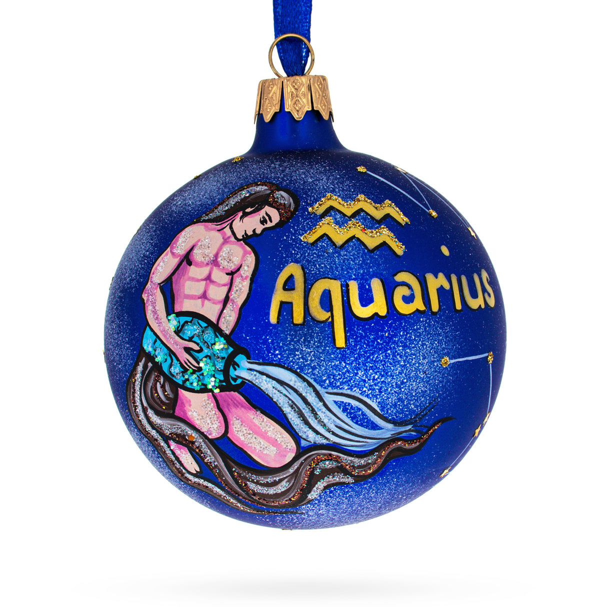 Water Bearer Aquarius: Zodiac Horoscope Sign Blown Glass Ball Christmas Ornament 3.25 Inches in Blue color, Round shape
