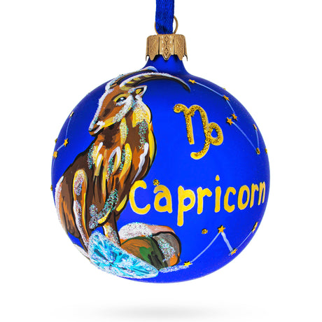 Capricorn Zodiac Horoscope Sign Glass Ball Christmas Ornament 3.25 Inches in Blue color Round