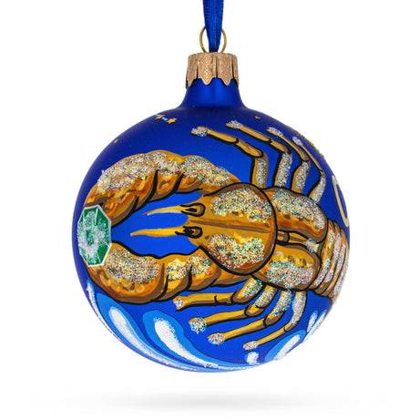 Crab Cancer: Zodiac Horoscope Sign Blown Glass Ball Christmas Ornament 3.25 Inches in Blue color, Round shape