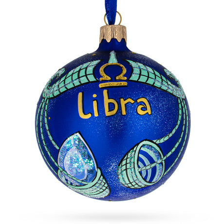Scales Libra: Zodiac Horoscope Sign Blown Glass Ball Christmas Ornament 3.25 Inches in Blue color, Round shape