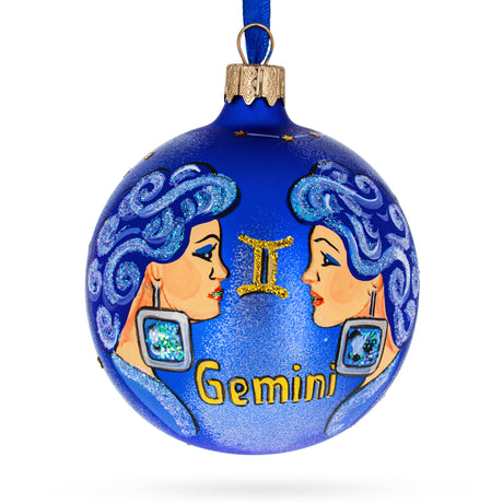 Gemini Zodiac Horoscope Sign Glass Ball Christmas Ornament 3.25 Inches in Blue color Round