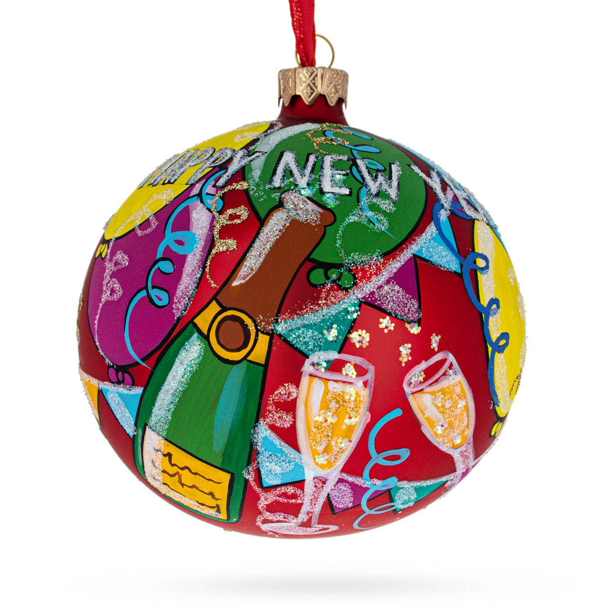 Happy New Year: Festive Celebration Blown Glass Ball Christmas Ornament 4 Inches in Multi color, Round shape