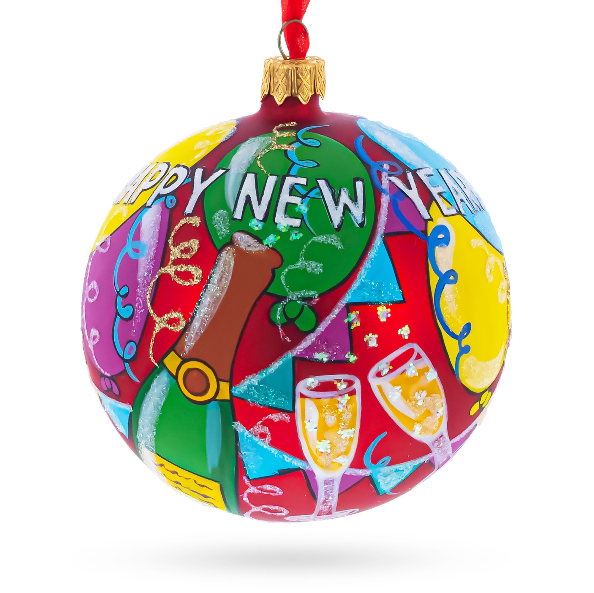 New Year Celebration Glass Ball Christmas Ornament 4 Inches in Multi color Round