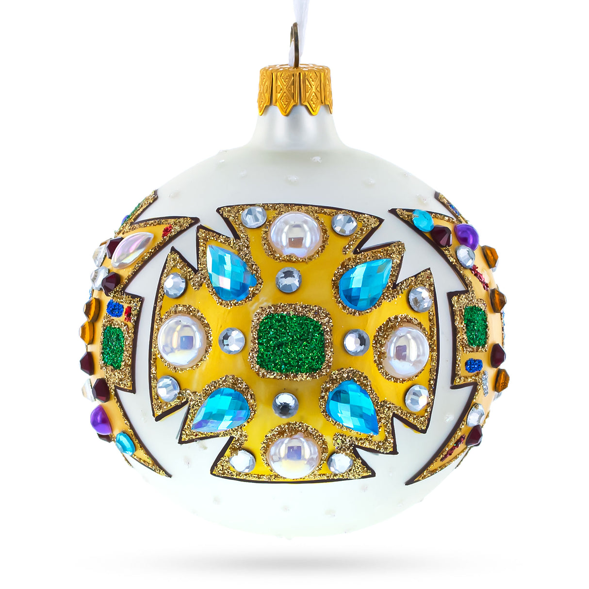 French Couturier-Inspired Bejeweled Elegance Blown Glass Ball Christmas Ornament 3.25 Inches in White color, Round shape