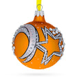 Italian Couturier-Inspired Stars and Moons Design Blown Glass Ball Christmas Ornament 3.25 Inches in Orange color, Round shape