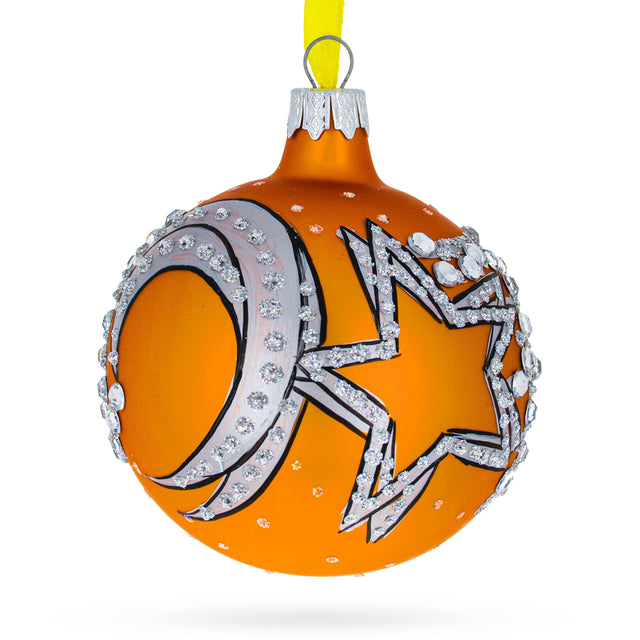 Italian Couturier Stars and Moons Design Glass Ball Christmas Ornament 3.25 Inches in Orange color Round