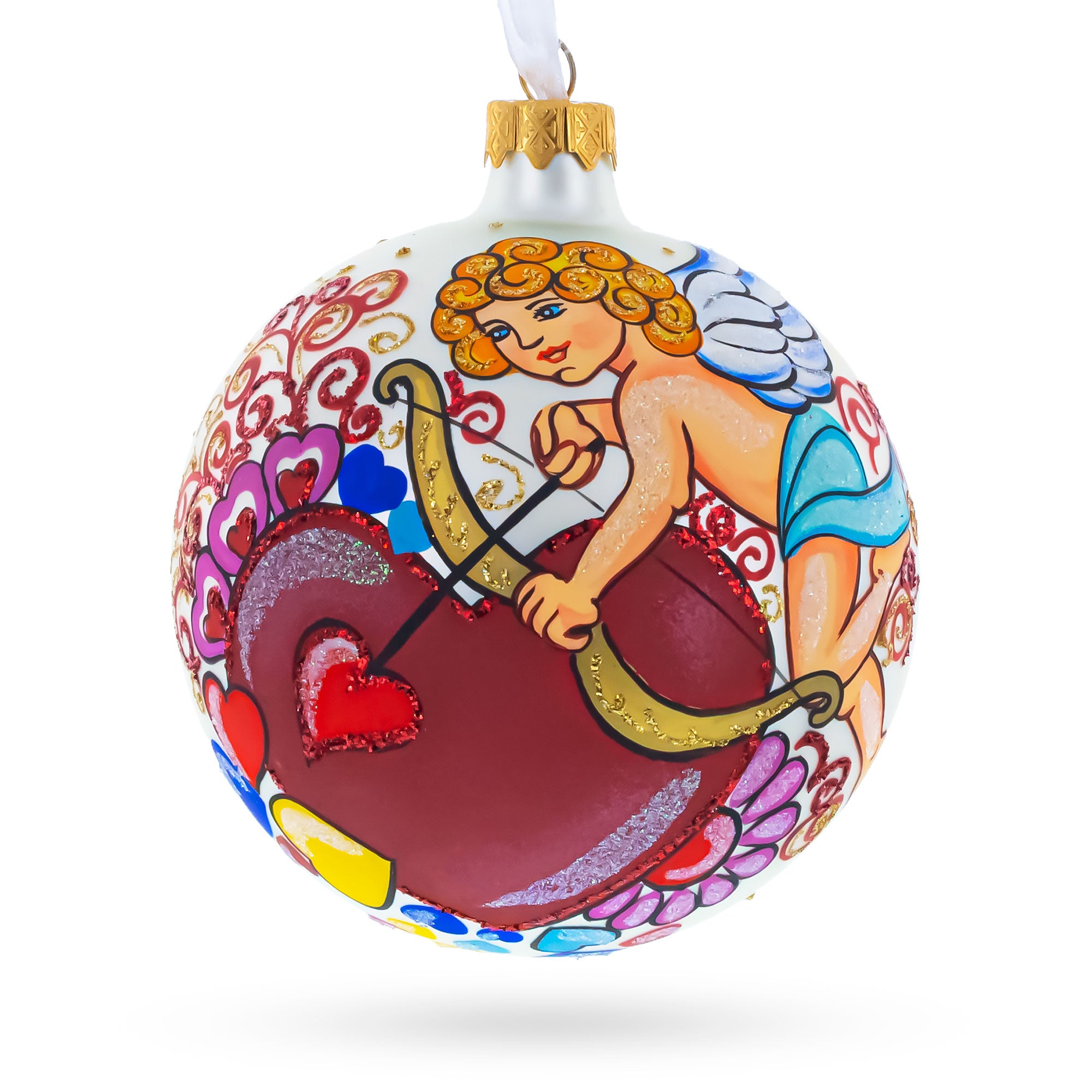 Cupid with Bow and Heart Glass Ball Christmas Ornament 4 Inches in Multi color Round