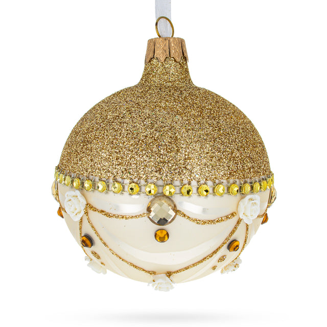 Opulent Golden Chandelier Elegance Blown Glass Ball Christmas Ornament 3.25 Inches in Gold color, Round shape