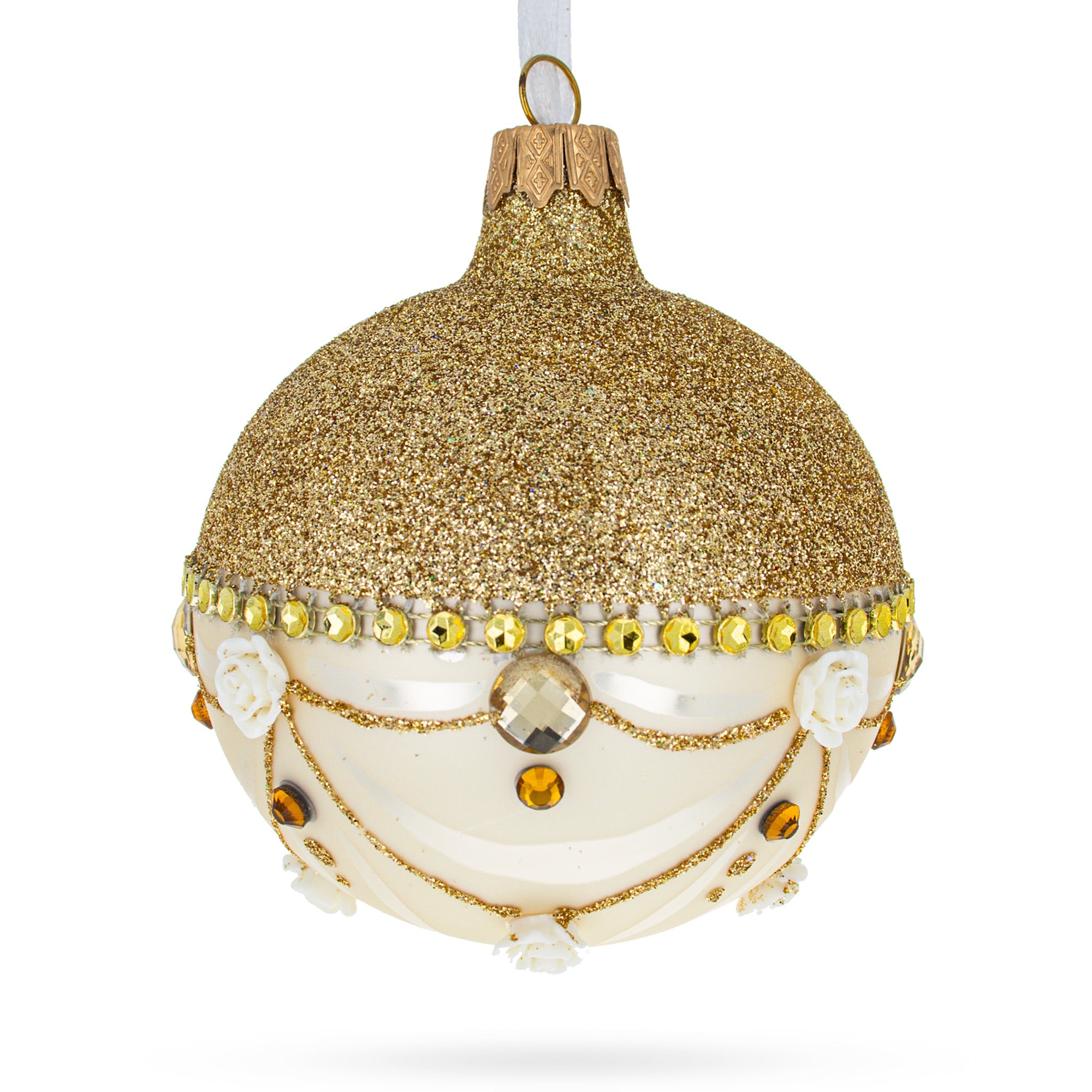 Opulent Golden Chandelier Elegance Glass Ball Christmas Ornament 3.25 Inches in Gold color Round
